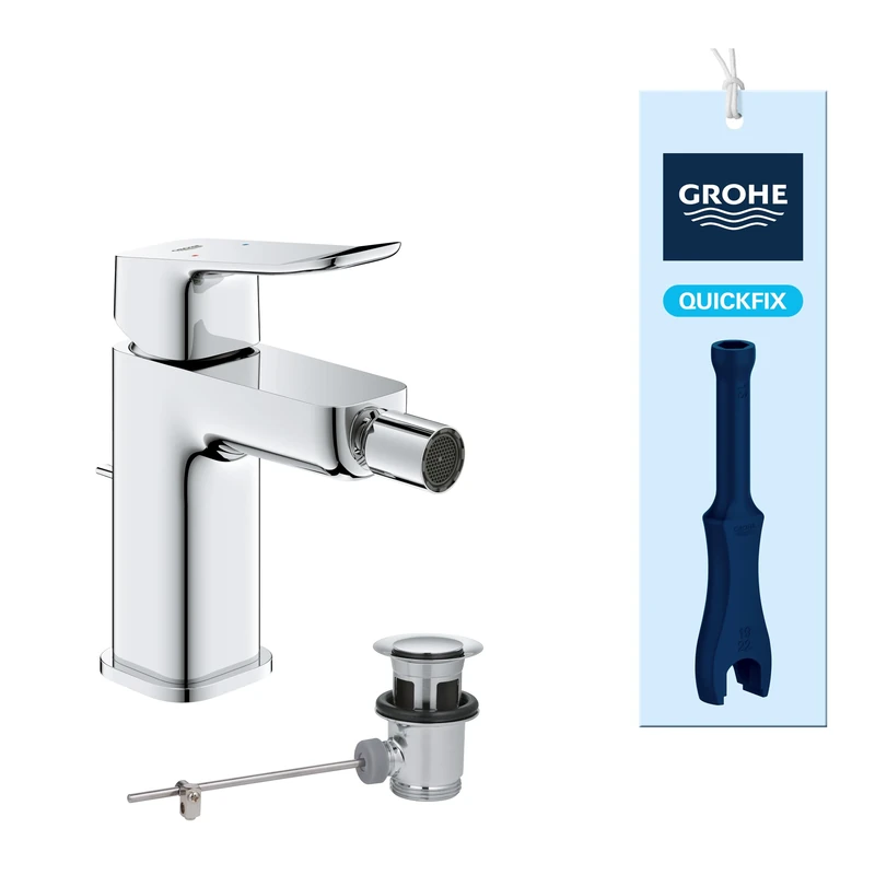 GROHE Dice Lever Bidet Mixer Tap with Pop-Up Waste Set (S-Size 151 mm, Ball Joint, 28 mm Ceramic Cartridge, Water Saving, Tails 3/8 Inch, Easy to Fit with The Included QuickTool), Chrome, 1018770000