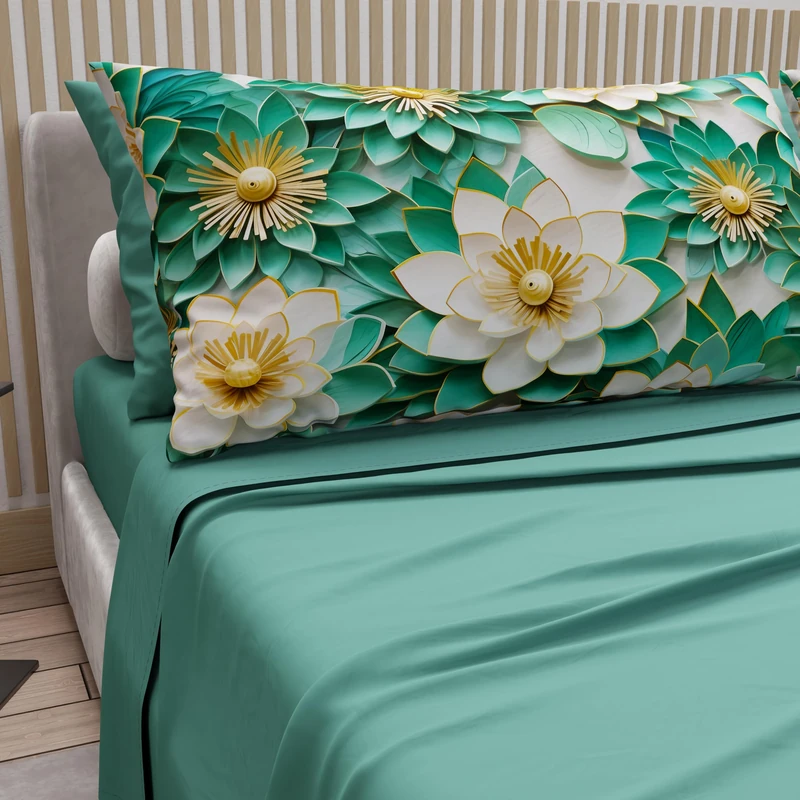 PETTI Artigiani Italiani - Cotton Sheets with Pillowcases in Digital Print, Double Bed Sheet, Full Bed Set, Floral 7 Teal Blue, 100% Made in Italy