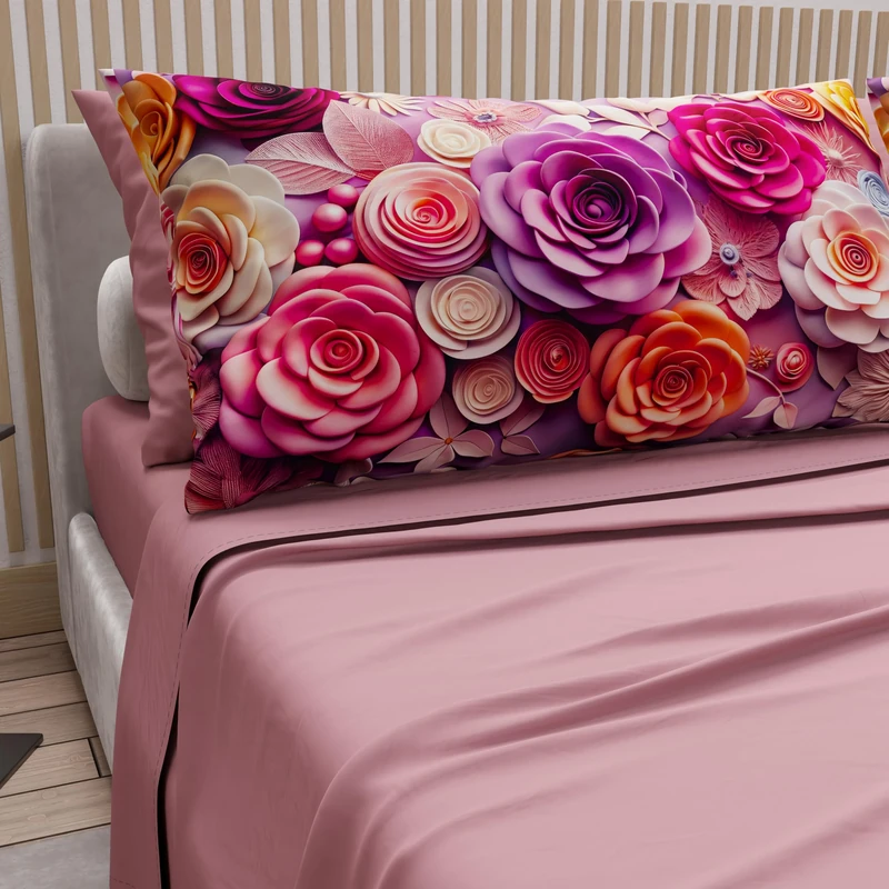 PETTI Artigiani Italiani - Cotton Sheets with Pillowcases in Digital Print, Double Bed Linen, Full Bed Set, Floral 17 Dark Powder, 100% Made in Italy