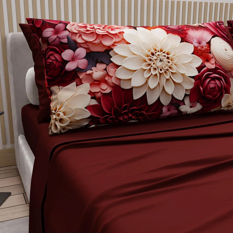 PETTI Artigiani Italiani - Cotton Sheets with Pillowcases in Digital Print, Double Bed Sheet, Floral 24 Bordeaux, 100% Made in Italy