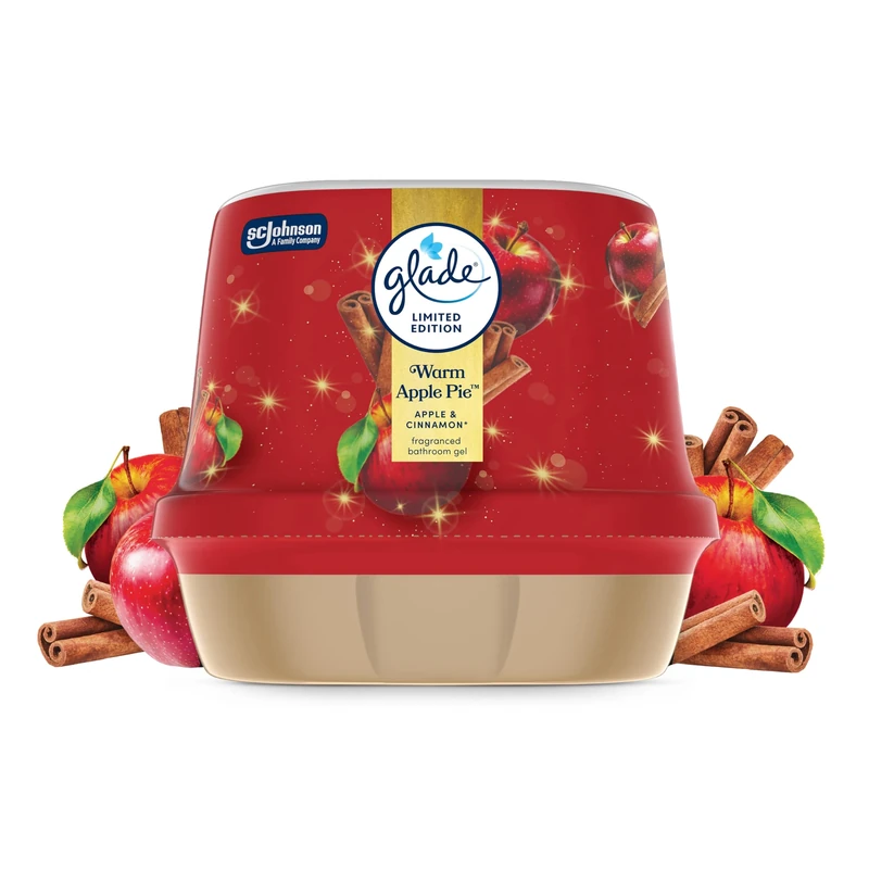 Glade Fragranced Bathroom Gel Air Freshener, Discreet Odour Eliminator Infused with Essential Oils, Limited Edition Christmas Air Freshener, Warm Apple Pie, 180g