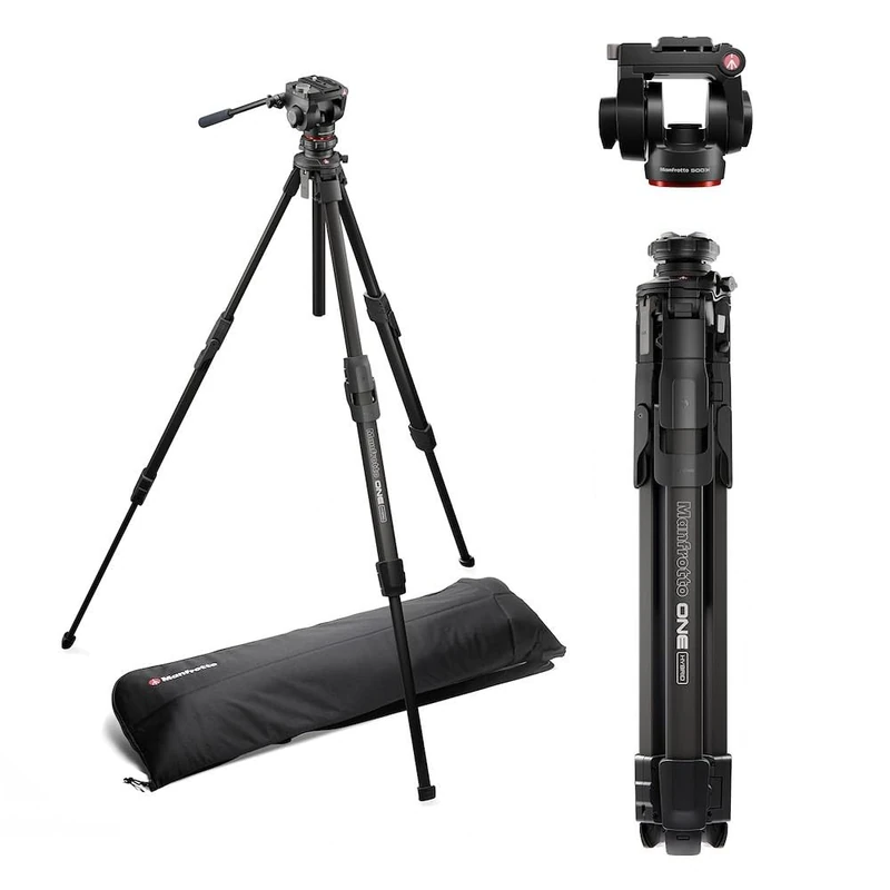 Manfrotto 500X Fluid Video Head with ONE Hybrid Aluminium Tripod – Photo & Video Tripod Kit, 5 kg Payload, Levelling Column, 90° Horizontal Column, Quick Release System, for DSLR & Mirrorless Cameras