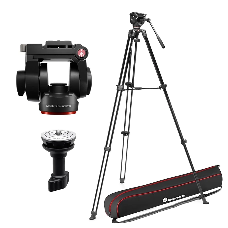 Manfrotto 500X Video Kit, Fluid Head and Aluminium Twin Leg Tripod, 5kg Payload, Flat Base, Mid-Level Spreader, Quick Release Plate, Vertical/Horizontal Shooting, for Mirrorless Cameras, Bag Included