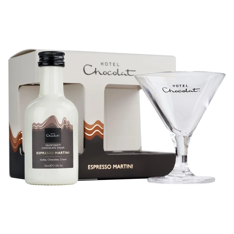 Hotel Chocolat Miniature Espresso Martini Velvetised Cream Liqueur, Premium Gift Set including 5cl Espresso Martini Velvetised Cream with Branded Hotel Chocolat Martini Glass