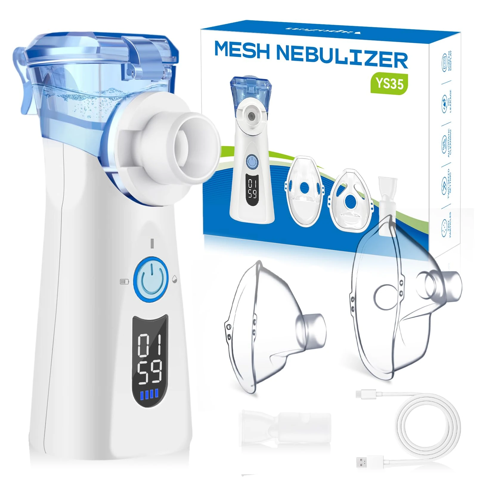 VapoZen Mesh Nebuliser Machine for Adults Ultrasonic Portable Nebuliser for Adults & Kids Rechargeable Atomiser with 2 Masks and Mouthpiece Silent Handheld Smart Digital Display Nebulizer for Home