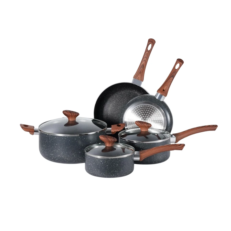 BARGAIN FACTORY Non-Stick Pots and Pans Set 8 Pieces, Cookware Set, Induction Compatible, Glass Lids, Wood-Look Handles, Cooking Marble Grey