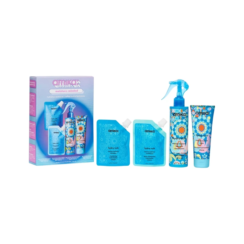 amika moisture-minded hydration routine set - includes travel size hydro rush intense moisture shampoo, hair conditioner + hair mask + full size leave in conditioner spray (4 pieces)