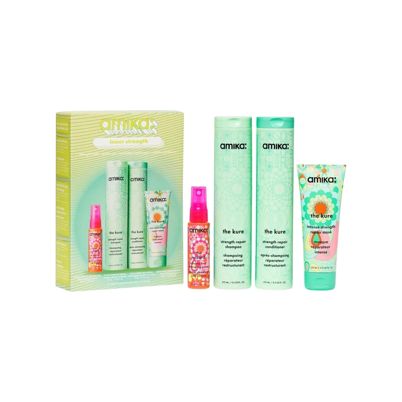 amika inner strength routine set - includes the kure strength repair sulfate free shampoo + hair conditioner + travel size hair mask + the wizard silicone-free detangling primer (4 pieces)