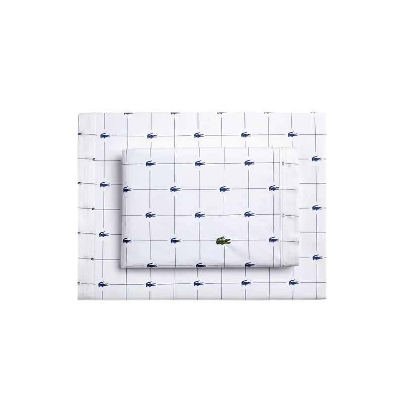 Lacoste Slice 100% Cotton Percale 4-Piece Sheet Set – Cool, Crisp, Matte, and Durable, Oeko-Tex Certified – Print, Navy, King
