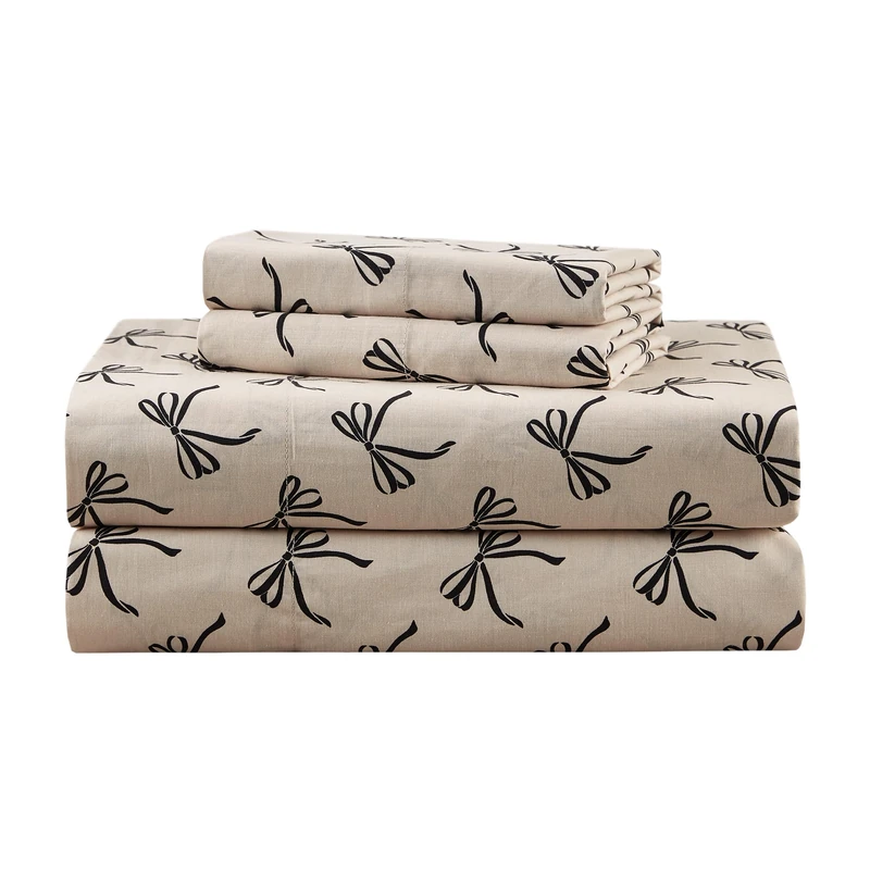 Comfort Spaces 100% Cotton Percale Sheets Queen Size 4 Pcs, Bow Black/Taupe