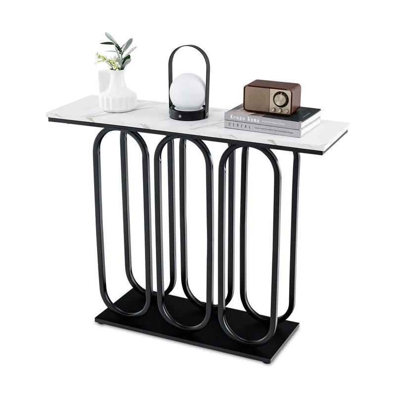 FANTASK Modern Console Table, Entrance Table with Metal Frame, Narrow Console Table with Marble Look for Living Room, Hallway, Bedroom, Entrance, 100 x 30 x 80 cm (White and Black) - Image 1