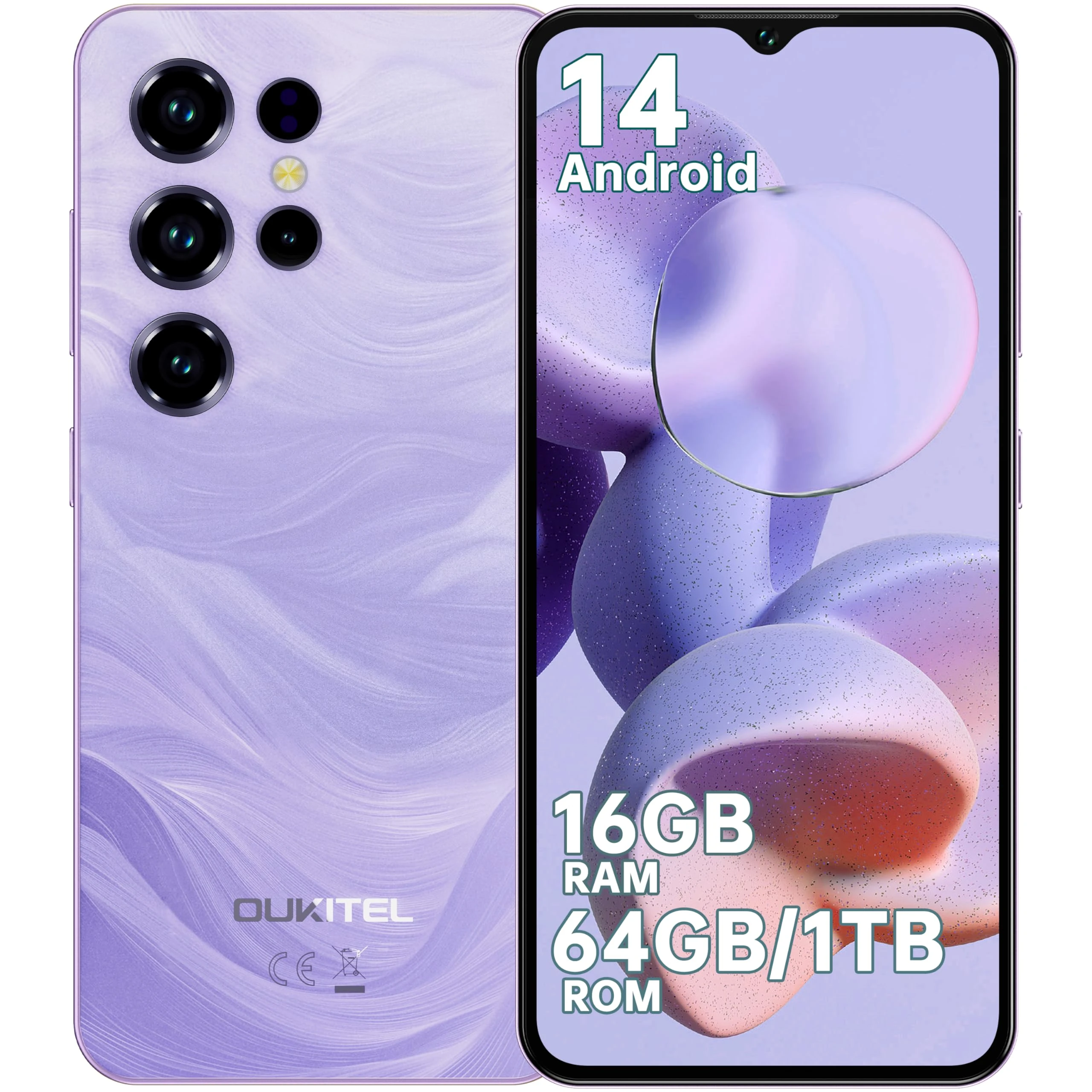 OUKITEL C2 SIM-Free & Unlocked Mobile Phones 2025 - Android 14, 6.52" Display Smartphone, 16GB+64GB/1TB, 5000mAh Battery Phone, 13MP Camera, 4G Dual Sim/Face Unlock/GPS/BT5.0/Purple