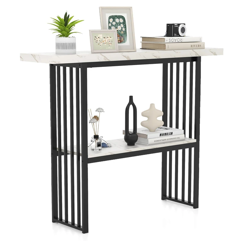 FANTASK 2 Levels Hallway Table Narrow Side Table with Metal Frame, Marble Look Console Table, Ideal for Living Room and Hallway, 120 x 29.5 x 92.5 cm (Black + White)