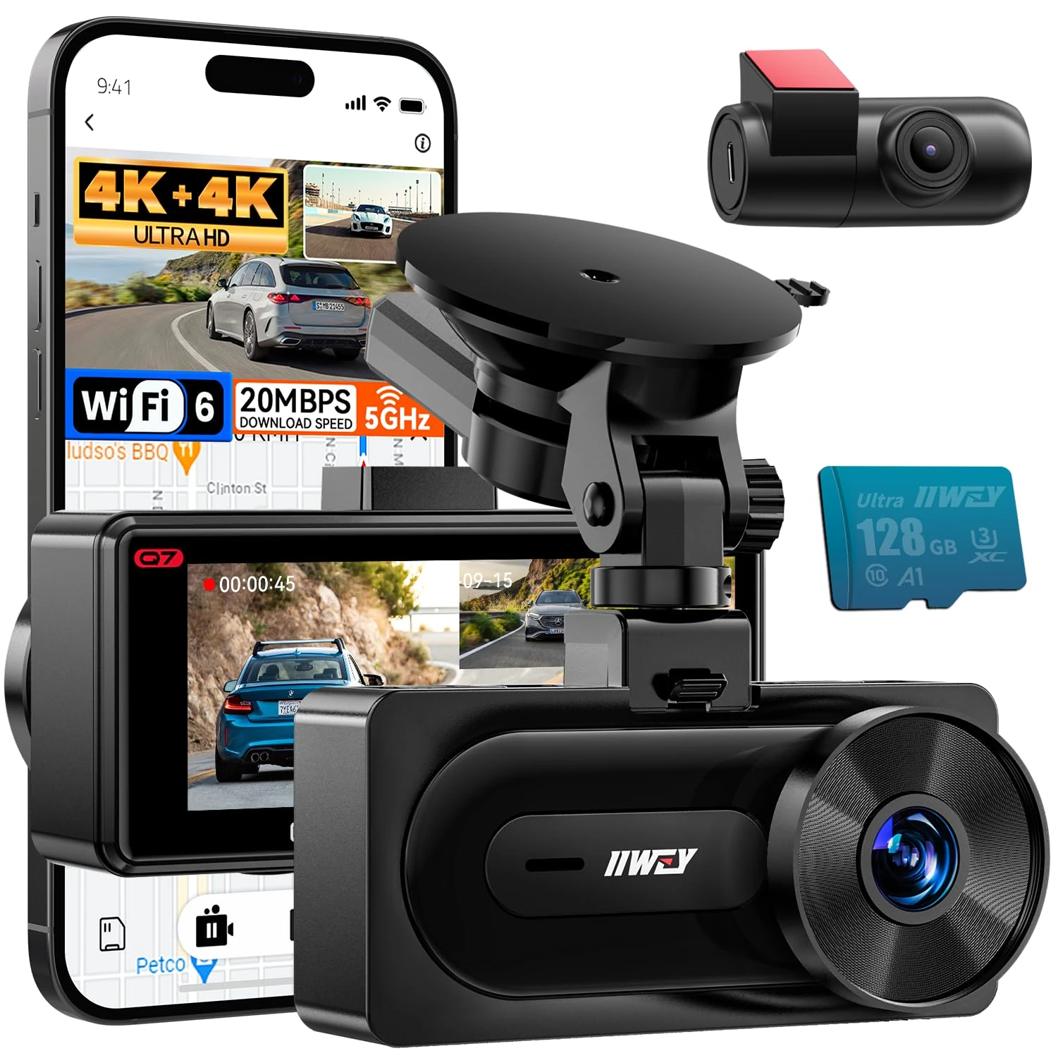 IIWEY 4K+4K Dash Cam Front and Rear, Dual STARVIS w/HDR, 5G WiFi-6 (up to 20MB/s) with App, 128G SD Card Included, GPS, Dash Camera for Cars with 24/7 Parking Mode, 3.18 Inch IPS, 170° Wide Angle