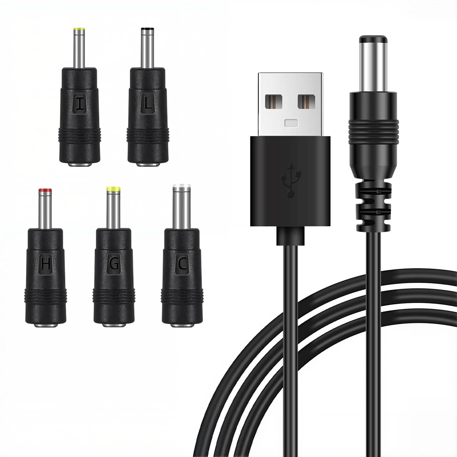 USB to Dc Power Cable, 1M Universal 5v USB Power Chager Cord Dc 5.5 X 2.1mm Adapter for Fan, Router, Speakers with 2.5x0.7mm, 3.0x1mm, 3.5x1.35mm, 4.0x1.7mm, 5.5x2.5mm