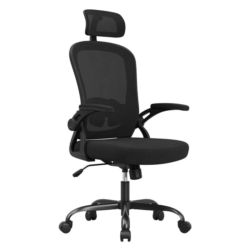 Farini Ergonomic High Back Office Chair with Adjustable Headrest & Lumbar Support, Flip-Up Armrests - Black
