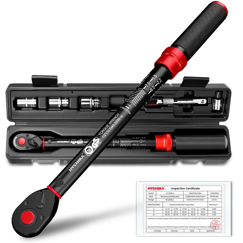 HYCHIKA 1/2" Drive Click Torque Wrench 40-220 Nm, ±2% Accuracy, Dual-Direction 72-Tooth, with 3/8" Adapter, 125mm Extension Bar & 17,19,21mm Sockets for Car, Motorcycle, Wheel Maintenance.