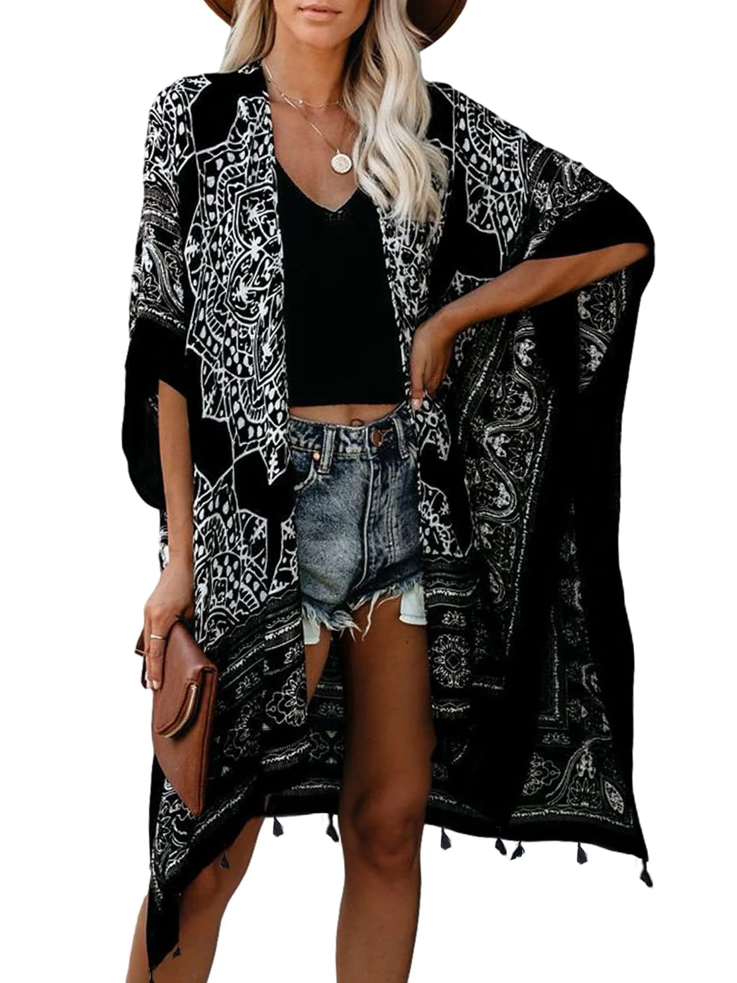 Breezy Lane Women's Swimsuit Cover Up Kimono Cardigan Bathing Suit Beachwear Bohemian Floral Print Resort Wear A Black