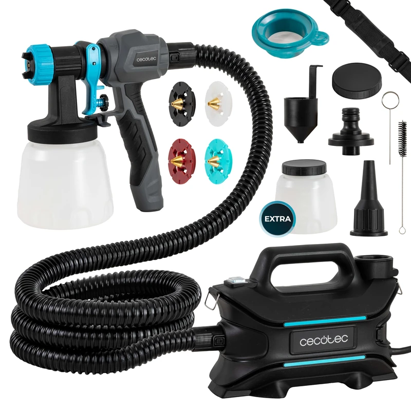 Cecotec PerfectPaint 800 EasyGo Paint Spray Kit with 800 W Power, Accuracy of 18 kPa, Includes 4 Nozzles, 2 Containers of 1200 ml, Strap Included, Maximum Flow Rate of 1000 ml/min