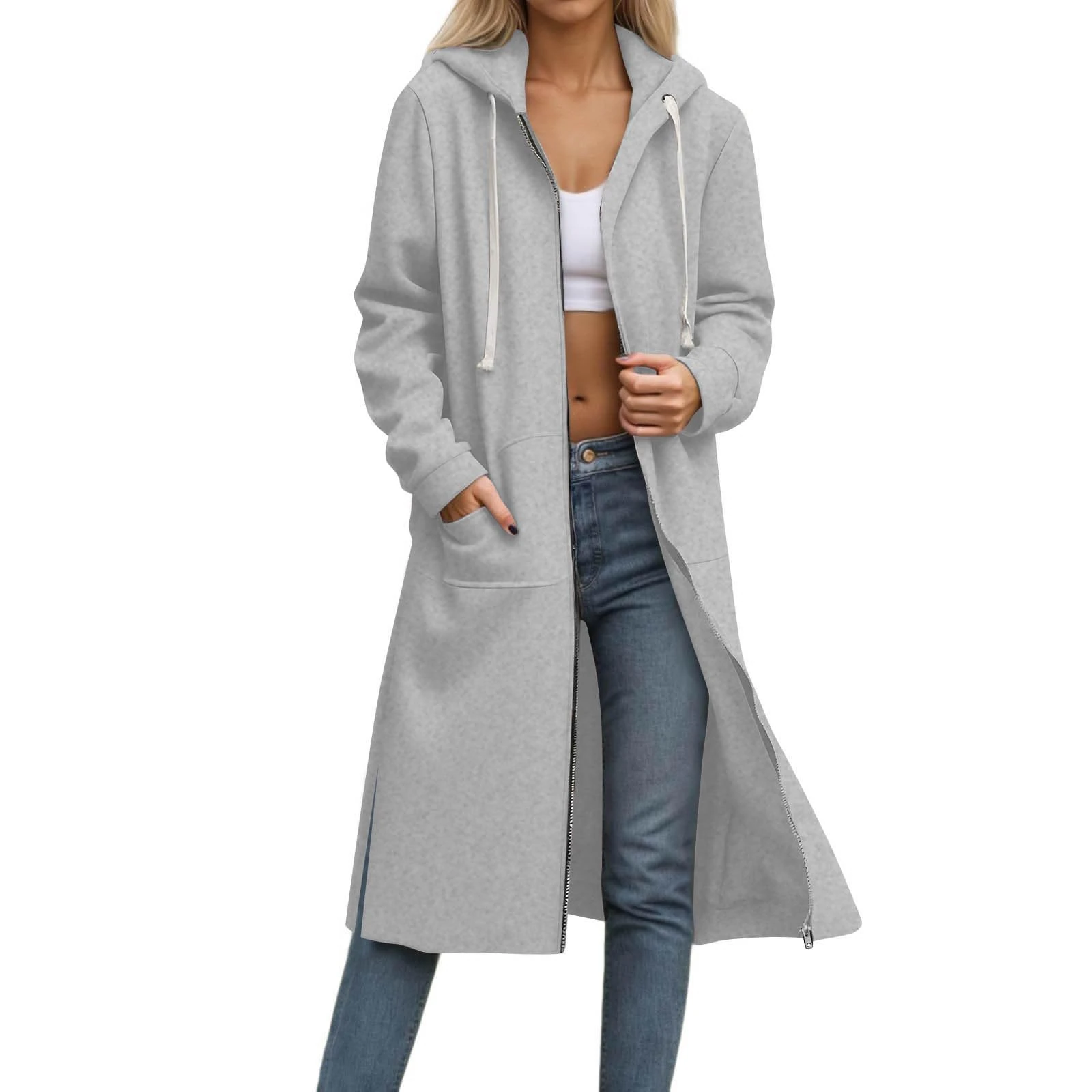 KUIH Womens Fleece Jacket Long Zip Up Hoodie Women Plain Causal Long Sleeves Longline Cardigans Solid Color Full Zip Long Coats Ladies Hoody Sweater Top Plus Size Fall Winter Thermal Outerwear Gray