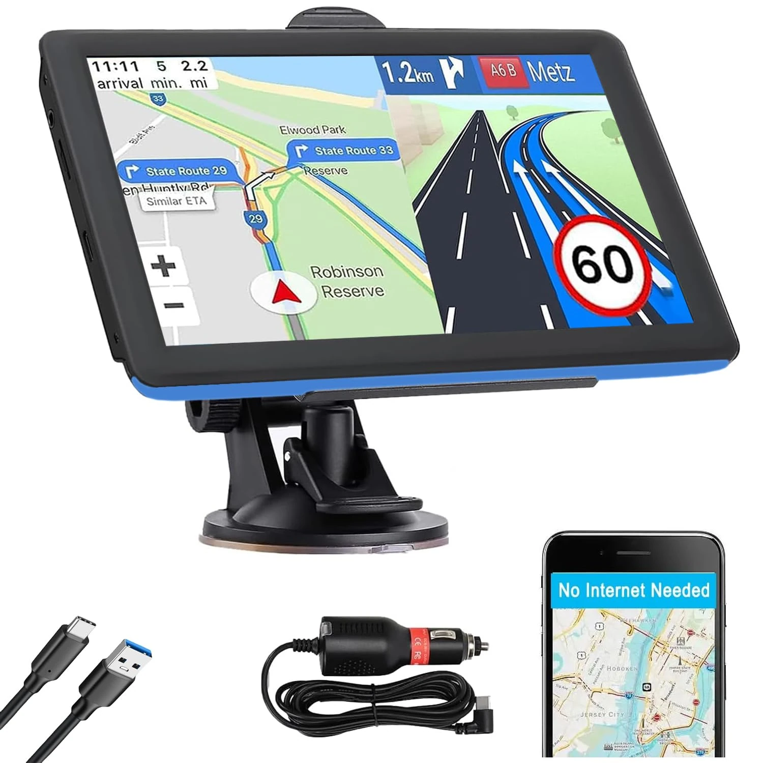 7 Inch GPS Sat Nav for Truck Car RV – Offline Car GPS Navigation, 2025 UK & Europe Maps Lifetime Updates, HD Touchscreen, Voice Guidance, Speed Camera Alerts, Type-C, with Sun Visor & Mount