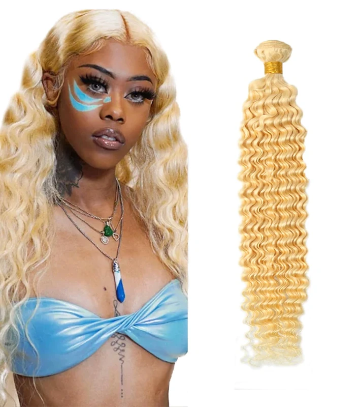 Zeslaerr Human Hair Bundles #613 Bleach Blonde Color Deep Wave Knotless Double Weft Weave Natural Color Human Hair Extension For Woman Single Bundle 100g 24 Inch