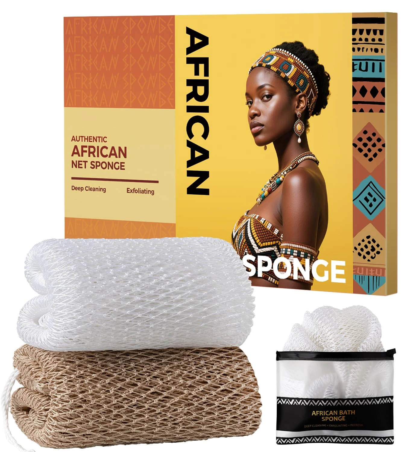 African Net Sponge Authentic - 2 Pieces Body Back Scrubber Bath Sponge with Knots - Afro Loofah Exfoliator Wash Cloth - African Body Care Daily Use Bathing Accessories (White&Champagn)