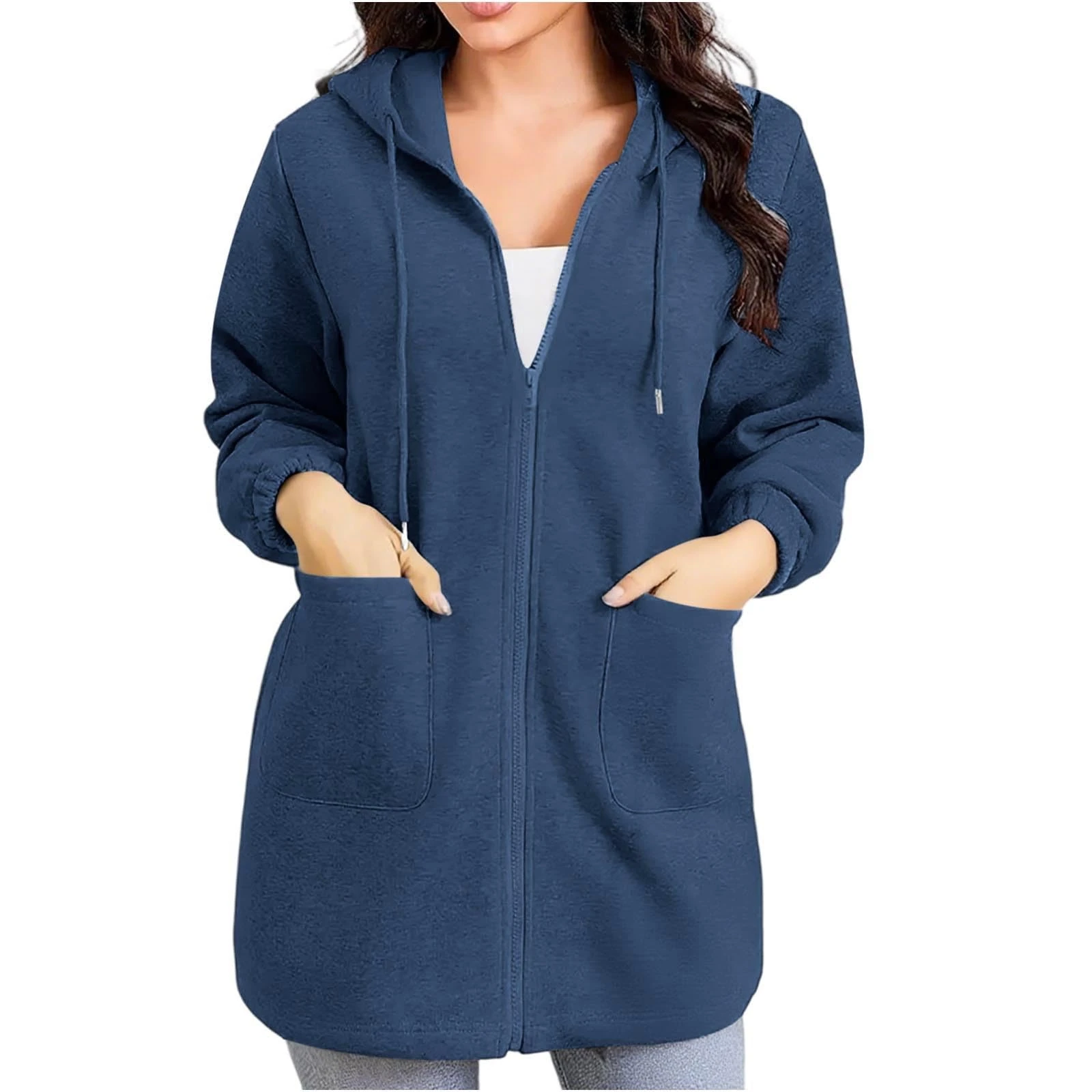 KUIH Zip Up Hoodie Women Fleece Longline Hoodie Plain Hooded Sweatshirts Full Zip Fleece Jackets Long Hoody Warm Zipped Cardigan Loose Fit Sweater Fall Outfits Winter Long Coats with Pockets Blue
