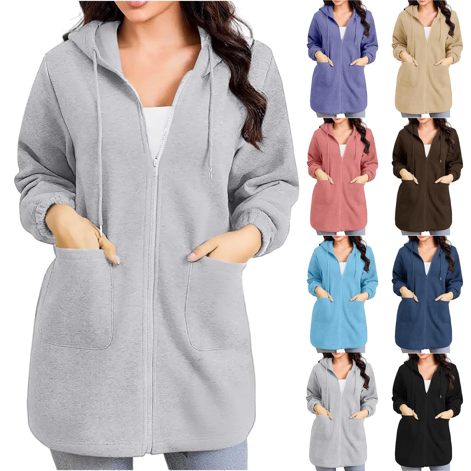 KUIH Zip Up Hoodie Women Fleece Longline Hoodie Plain Hooded Sweatshirts Full Zip Fleece Jackets Long Hoody Warm Zipped Cardigan Loose Fit Sweater Fall Outfits Winter Long Coats with Pockets Gray