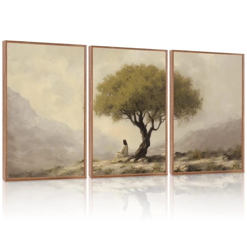 HLNIUC Jesus Framed Canvas Wall Art,Religious Christian Olive Poster,Vintage Mountain Natural Landscape Painting,Christian God Bible Story Canvas Art Print for Living Room Bedroom Church-16 x24 x3