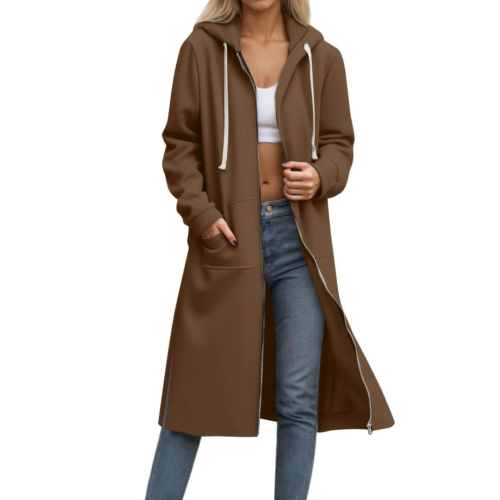 KUIH Women's Hoodies Longline Zip Up Hoodie Women Long Cardigan Trench Coat Full Zip Long Sleeve Jacket Winter Coats Plus Size Loose Hoody Pullover Hoodie Ladies Long Sweatshirt with Pockets Brown