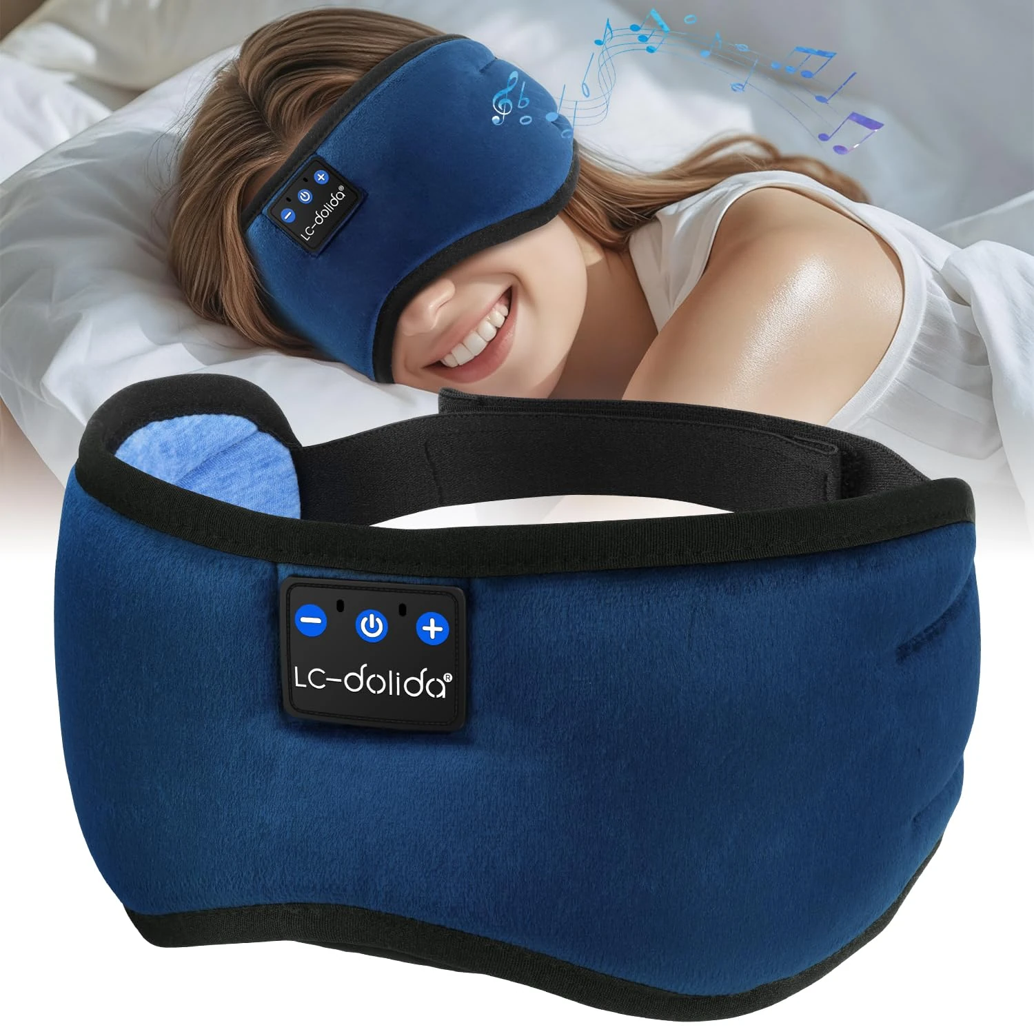 LC-dolida Sleep Mask with Bluetooth Headphones for Side Sleeper, Total Blackout Cotton Eye Sleeping Mask for Women Men, Breathable Sleeping Headphones with Ultra-Thin Stereo Speakers for Deep Sleep
