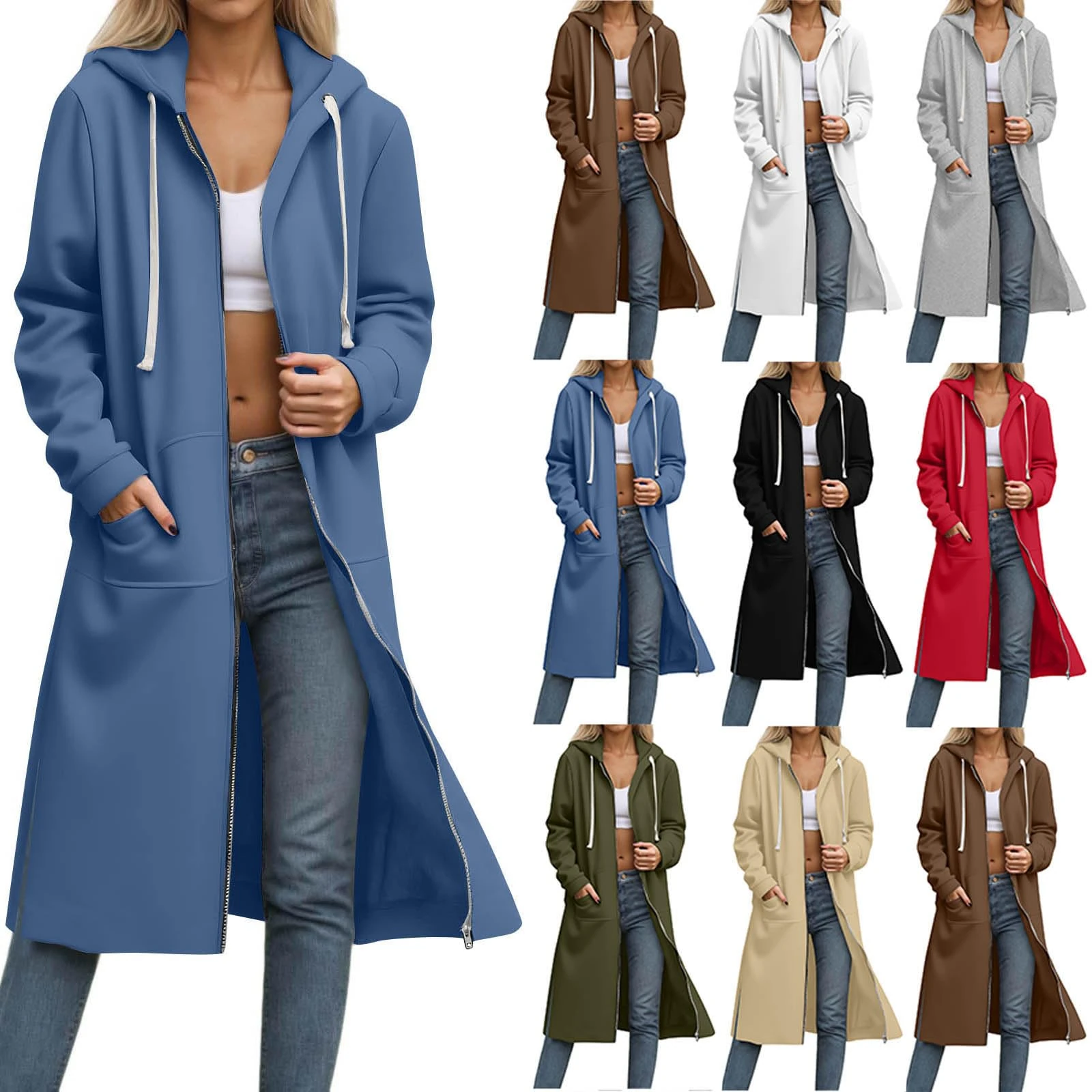 KUIH Womens Fleece Jacket Long Zip Up Hoodie Women Plain Causal Long Sleeves Longline Cardigans Solid Color Full Zip Long Coats Ladies Hoody Sweater Top Plus Size Fall Winter Thermal Outerwear Blue