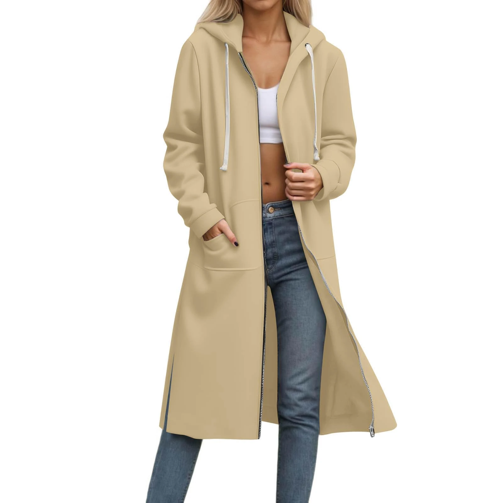 KUIH Womens Fleece Jacket Long Zip Up Hoodie Women Plain Causal Long Sleeves Longline Cardigans Solid Color Full Zip Long Coats Ladies Hoody Sweater Top Plus Size Fall Winter Thermal Outerwear Beige