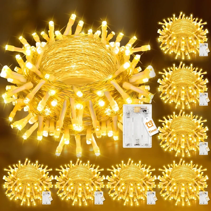 Peasur Fairy Lights Battery Operated with Timer, 10M 100 LED String Lights Indoor/Outdoor, 2 Modes Christmas Twinkle Lighting for Bedroom Wedding Party Decorations, Warm White-8 Pack