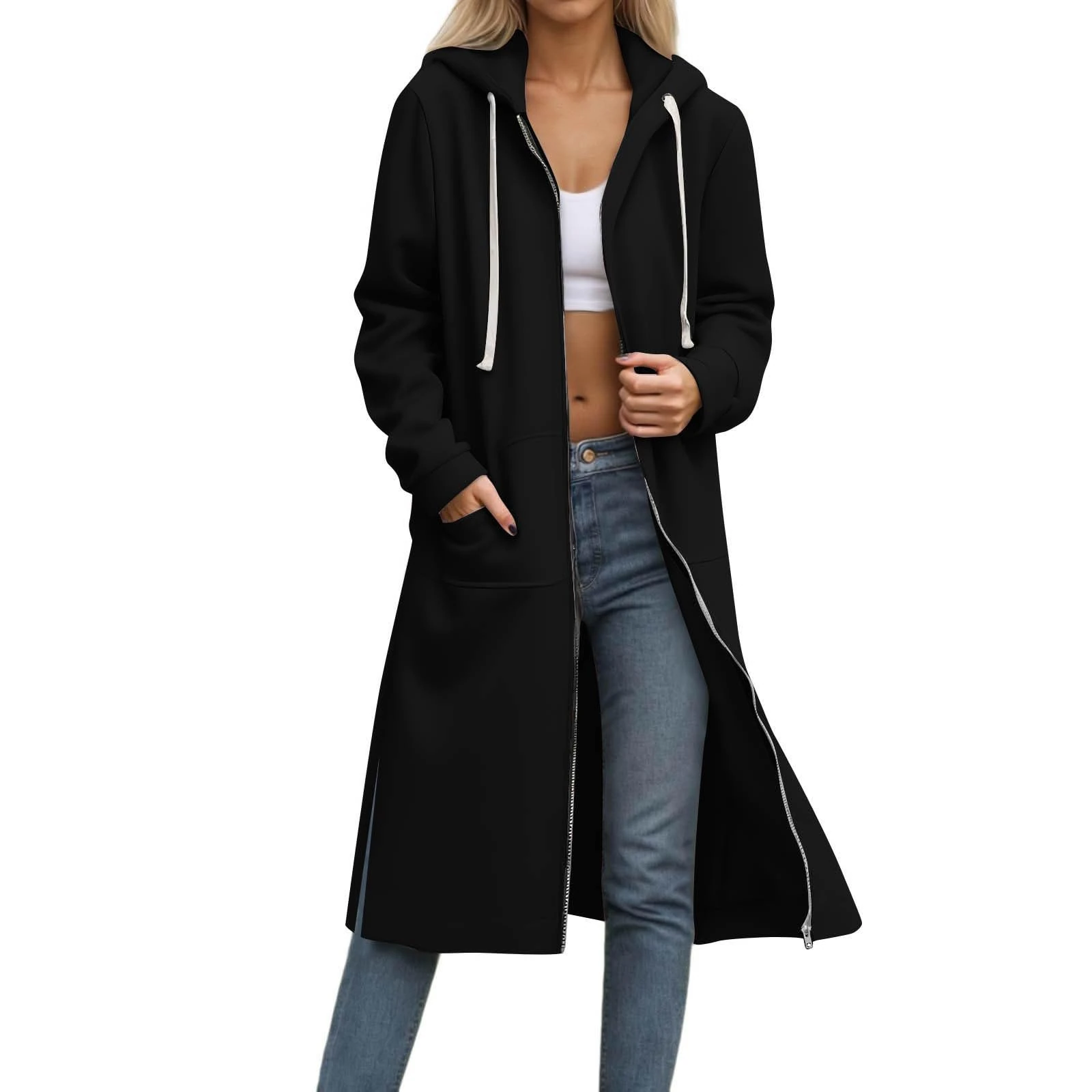 KUIH Women's Hoodies Longline Zip Up Hoodie Women Long Cardigan Trench Coat Full Zip Long Sleeve Jacket Winter Coats Plus Size Loose Hoody Pullover Hoodie Ladies Long Sweatshirt with Pockets Black