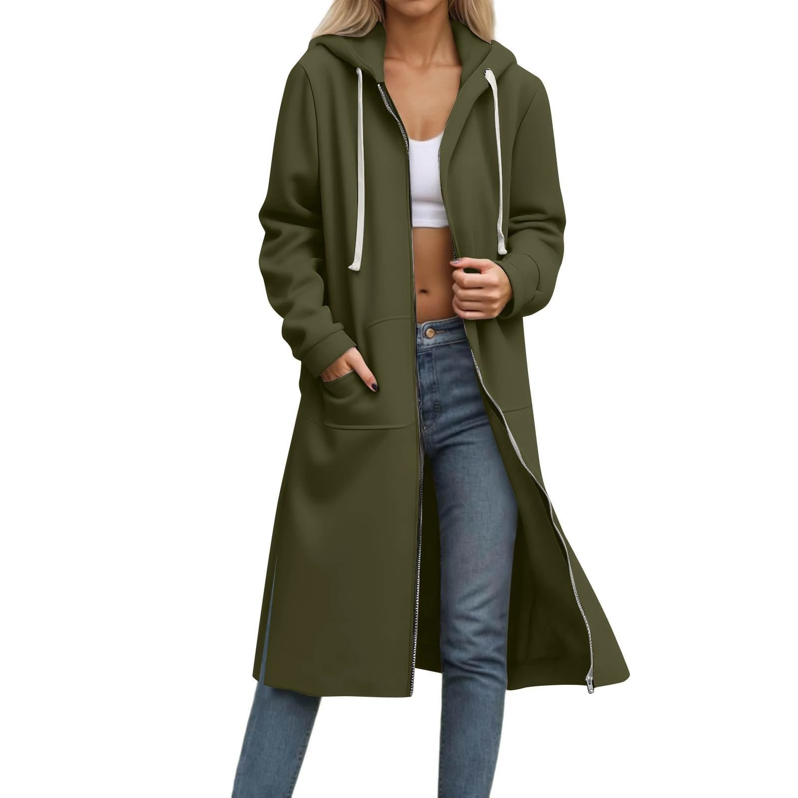 Women's Hoodies Longline Zip Up Hoodie Women Long Cardigan Trench Coat Full Zip Long Sleeve Jacket Winter Coats Plus Size Loose Hoody Pullover Hoodie Ladies Long Sweatshirt with Pockets