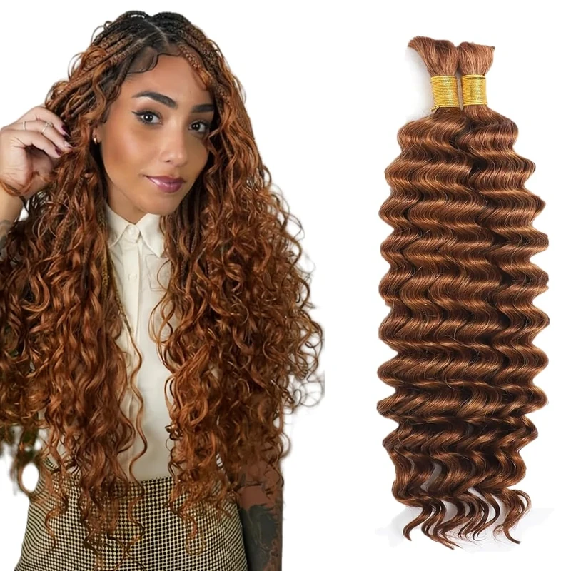 Tuheerst Human Hair Braiding #30 Light Brown Color Deep Wave Knotless No Weft Boho Braids Human Hair Extension 50g/Bundle Total 100g 22 22 Inch