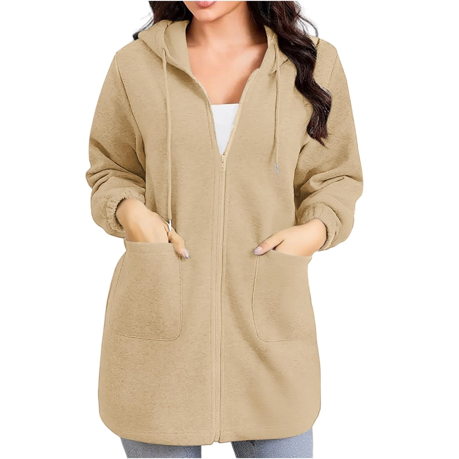 KUIH Zip Up Hoodie Women Fleece Longline Hoodie Plain Hooded Sweatshirts Full Zip Fleece Jackets Long Hoody Warm Zipped Cardigan Loose Fit Sweater Fall Outfits Winter Long Coats with Pockets Khaki