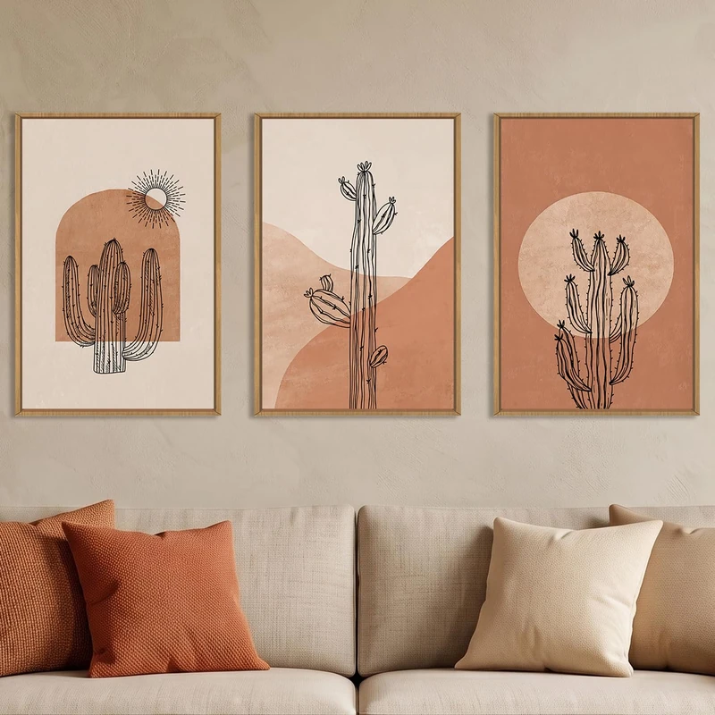 Ausril Large Boho Minimalist Cactus Framed Canvas Wall Art Set -24"x36"x3