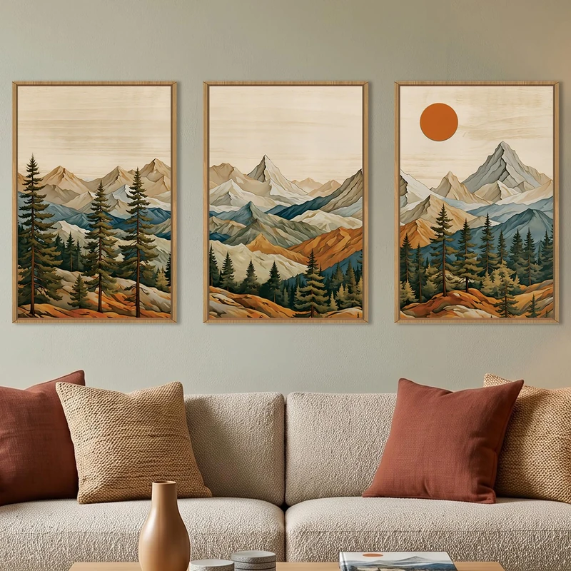 Ausril Boho Woodcut Mountain Framed Canvas Wall Art Set, Woodcut Pine Tree Wall Decor, Brown Wooden Forest Wall Painting, Vintage Mountain Sunrise Art Print for Living Room, Bedroom, Office 24"X36"X3