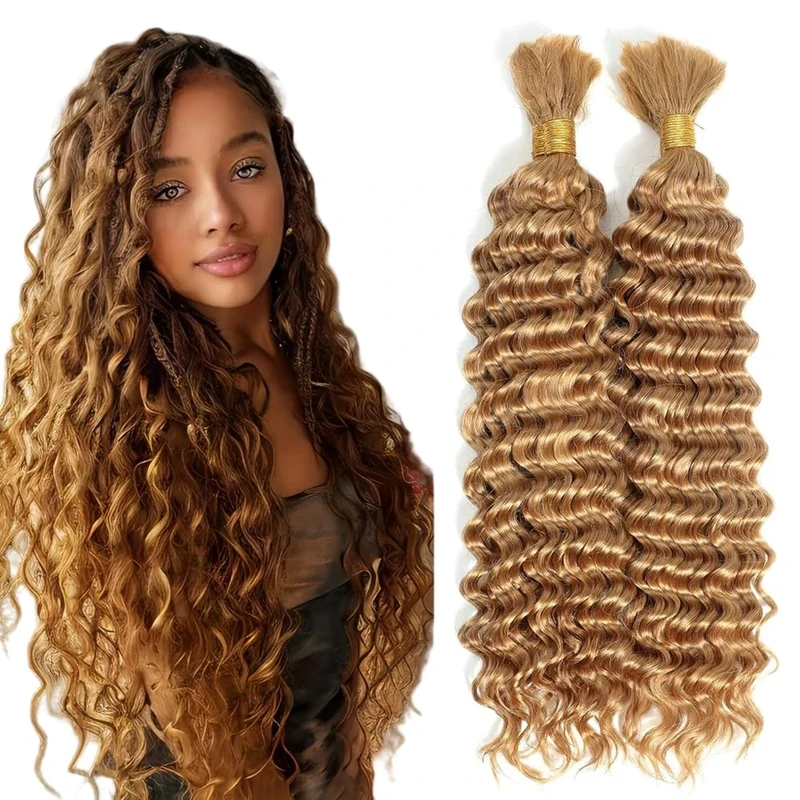 Tuheerst Human Hair Braiding Deep Wave #27 Honey Blonde Color High Grade Knotless Boho Braids Human Hair Extension For Woman 50g/Bundle Total 100g 22 22 Inch