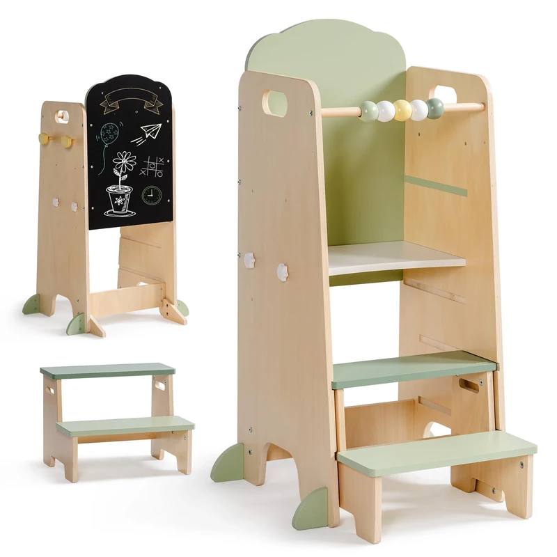ROBUD Montessori Learning Tower, Green and Wood Colour, 1