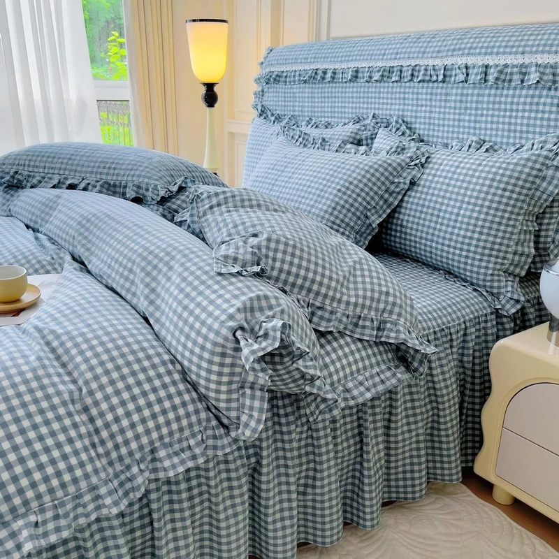 Twin XL Comforter Set Blue Gingham Comforter with 2 Pillowcases Ruffle Plaid Grid Pattern Comforter Set for Men Boys Fluffy Soft Lightweight Bedding Boho Plaid Checkered Comforter Twin XL