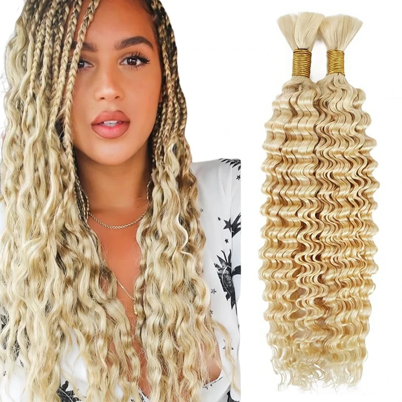 Tuheerst Boho Braids Human Hair Extension #613 Bleach Blonde Color Natural Color Invisible Deep Wave Human Hair Braiding 50g/Bundle Total 100g 22 22 Inch