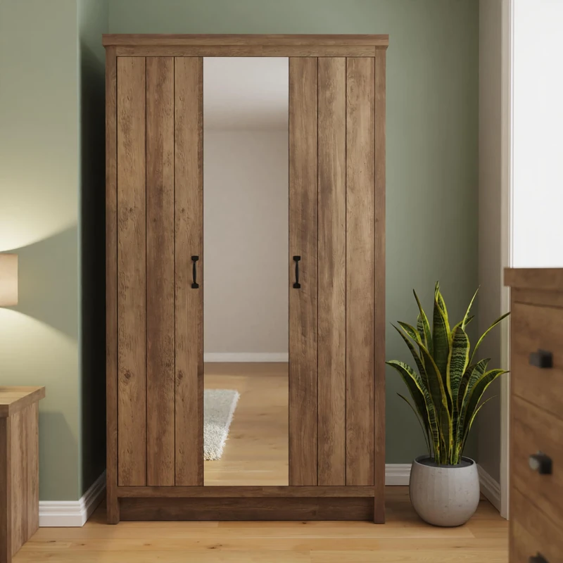 GFW Boston 3 Door Mirrored Wardrobe Knotty Oak Hanging Rail Spacious Bedroom