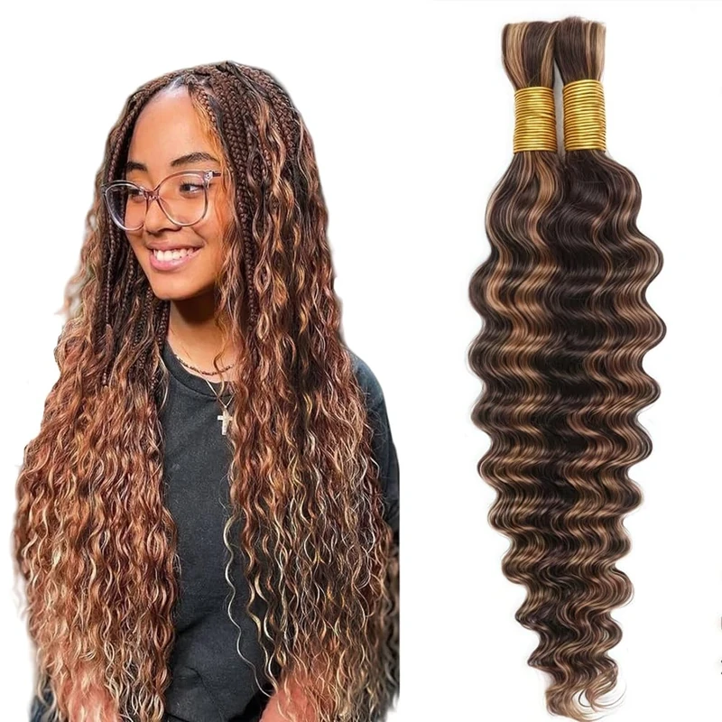 Tuheerst Human Hair Extension For Boho Braids P4/30 Highlight Brown Color Deep Wave Natural Unprocessed Human Hair Braiding For Woman 50g/Bundle Total 100g 22 22 Inch