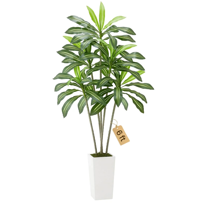 VEVOR Artificial Dracaena Tree 1829 mm, Fake Palm Tropical Plants with White Tall Planter, Faux Floor Silk Plant in Pot, Large Trees for Home Office Living Room Decor House Warming, Indoor Outdoor