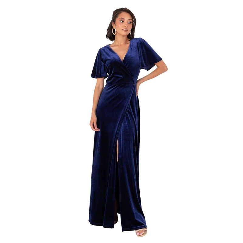 Maya Deluxe Women's Maxi Dress Ladies Velvet Evening Occasion V-Neck Angel Sleeve A-line Faux Wrap Split Bridesmaid Prom Ball Gown, Navy Blue 14