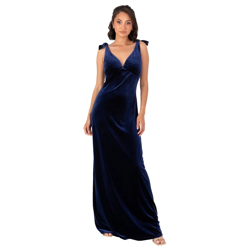 Maya Deluxe Women's Maxi Dress Ladies V-Neckline Sleeveless Velvet Bow Shoulder Tie-Straps A-line Evening Occasion Prom Ball Gown, Navy Blue 16